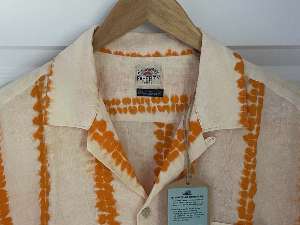 New Faherty Shibori Palma Linen Shirt Camp Citrus Valley/Orange Cream NWT $168 - Picture 5 of 16
